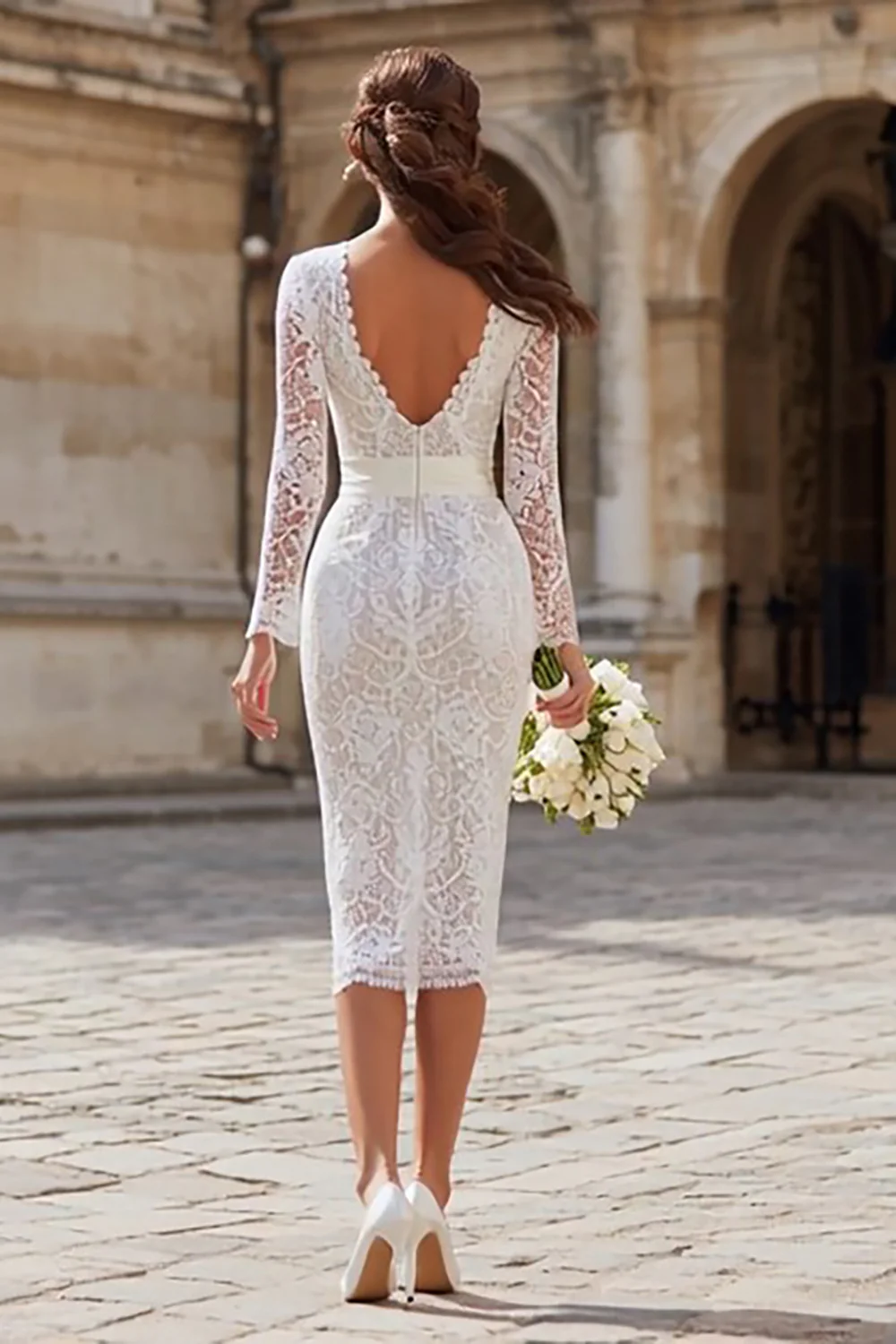 Ivory Bodycon Lace Midi Wedding Dress with Sleeves - VNBITS