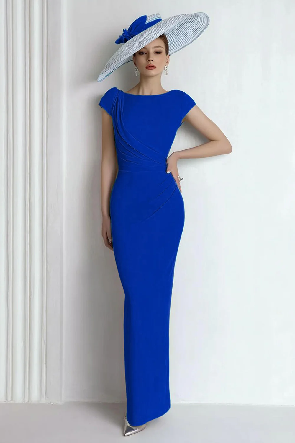 Blue Boat Neck Long Mother of the Bride Dress with Sleeves - VNBITS