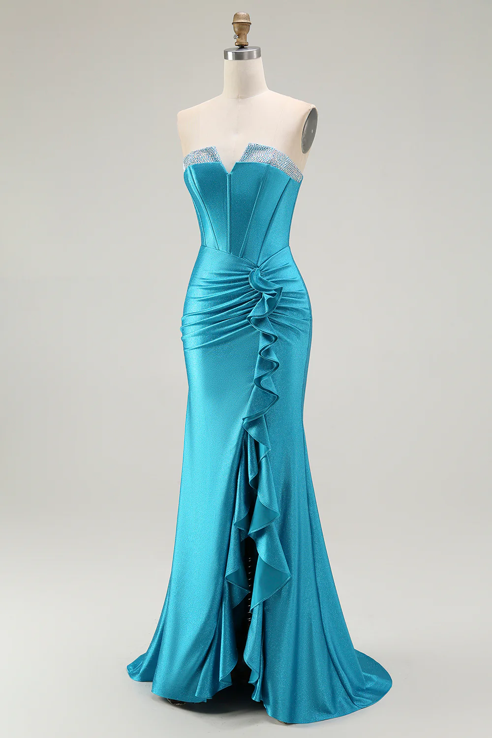 Sparkly Blue Strapless Corset Mermaid Long Prom Dress with Ruffles - VNBITS