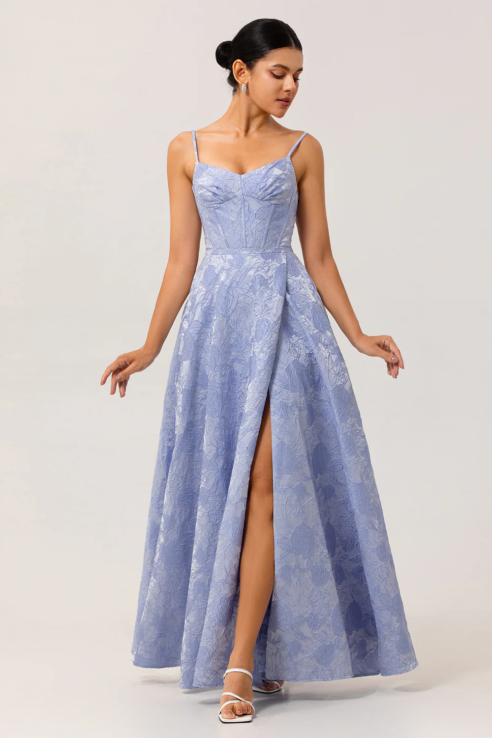 Blue Floral Corset A Line Jacquard Long Wedding Guest Dress with Slit - VNBITS