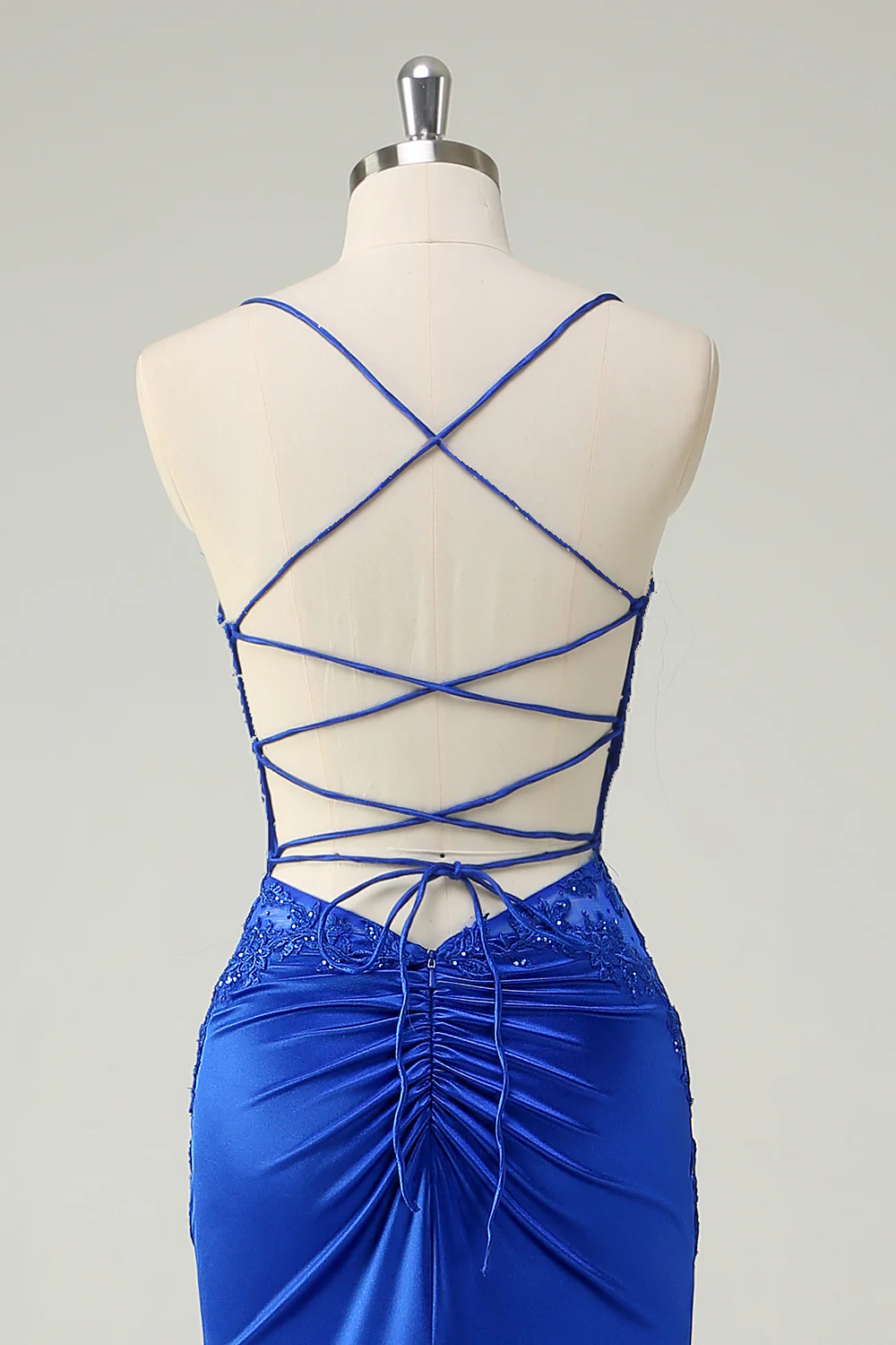 Royal Blue Floral Mermaid Spaghetti Straps Long Prom Dress with Slit - VNBITS
