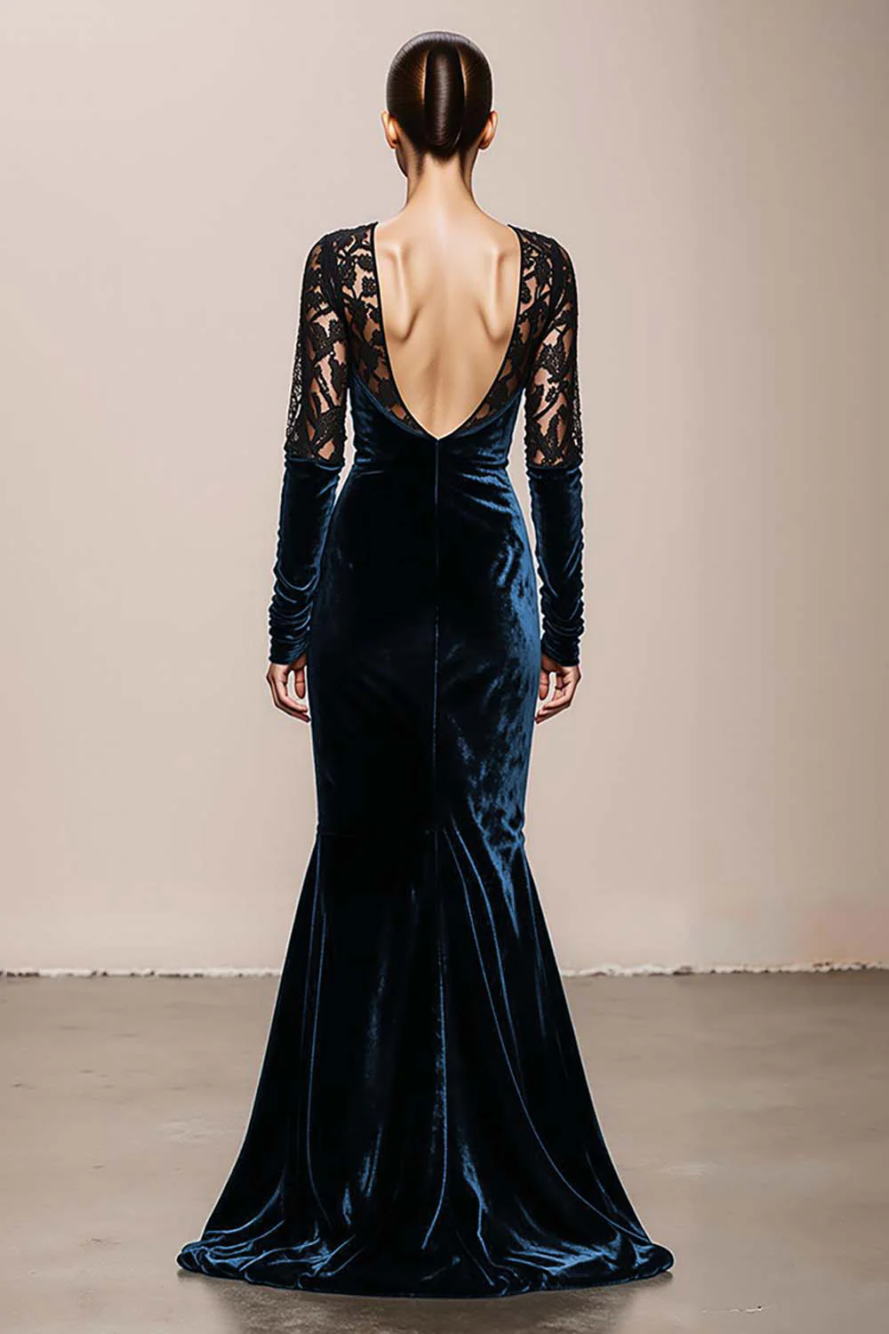 Dark Green V-Neck Velvet Mermaid Long Formal Dress with Lace - VNBITS