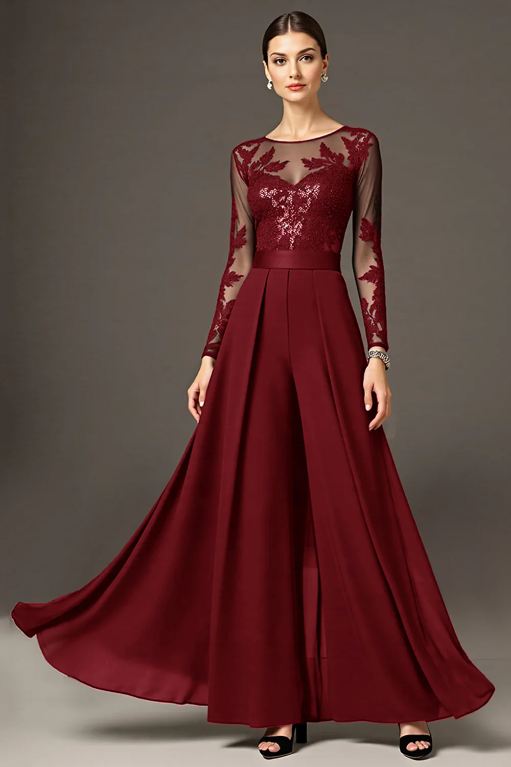 Black A Line Chiffon Long Mother of the Bride Jumpsuits with Lace - VNBITS
