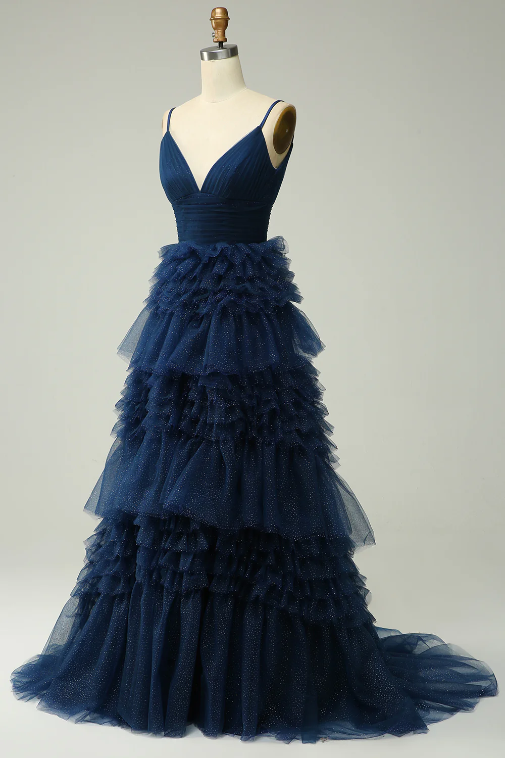 A Line Spaghetti Straps Navy Tiered Prom Dress - VNBITS