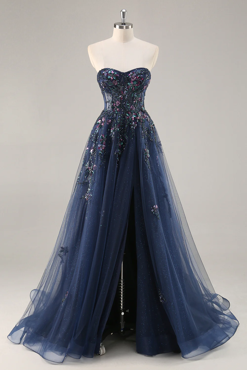 Sparkly Navy Corset Sweetheart Long Prom Dress with Appliques - VNBITS