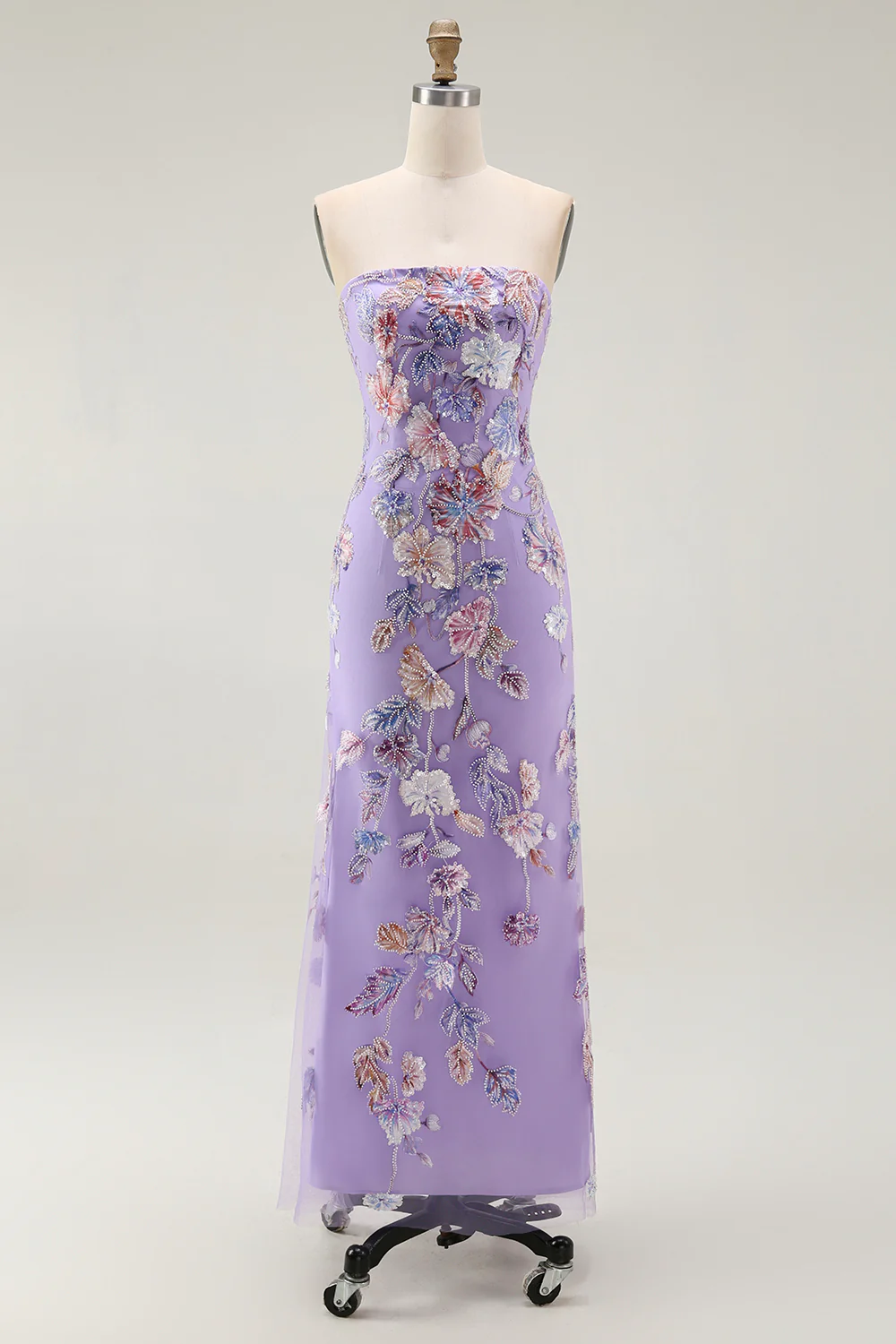 Sparkly Purple Strapless Floral Long Prom Dress with Beading - VNBITS