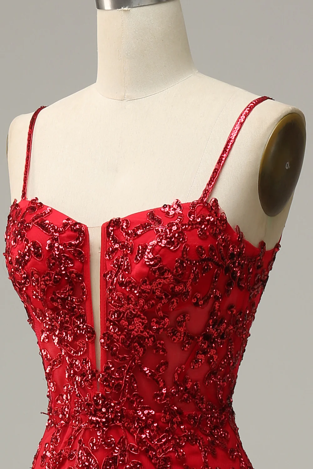 Red Spaghetti Straps Appliques Prom Dress with Slit - VNBITS