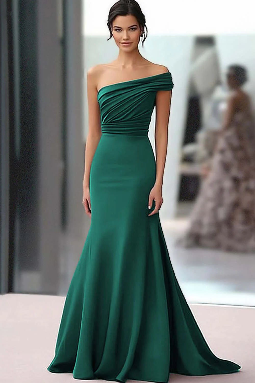 Coffee One Shoulder Crepe Mermaid Long Ruched Gala Dress - VNBITS