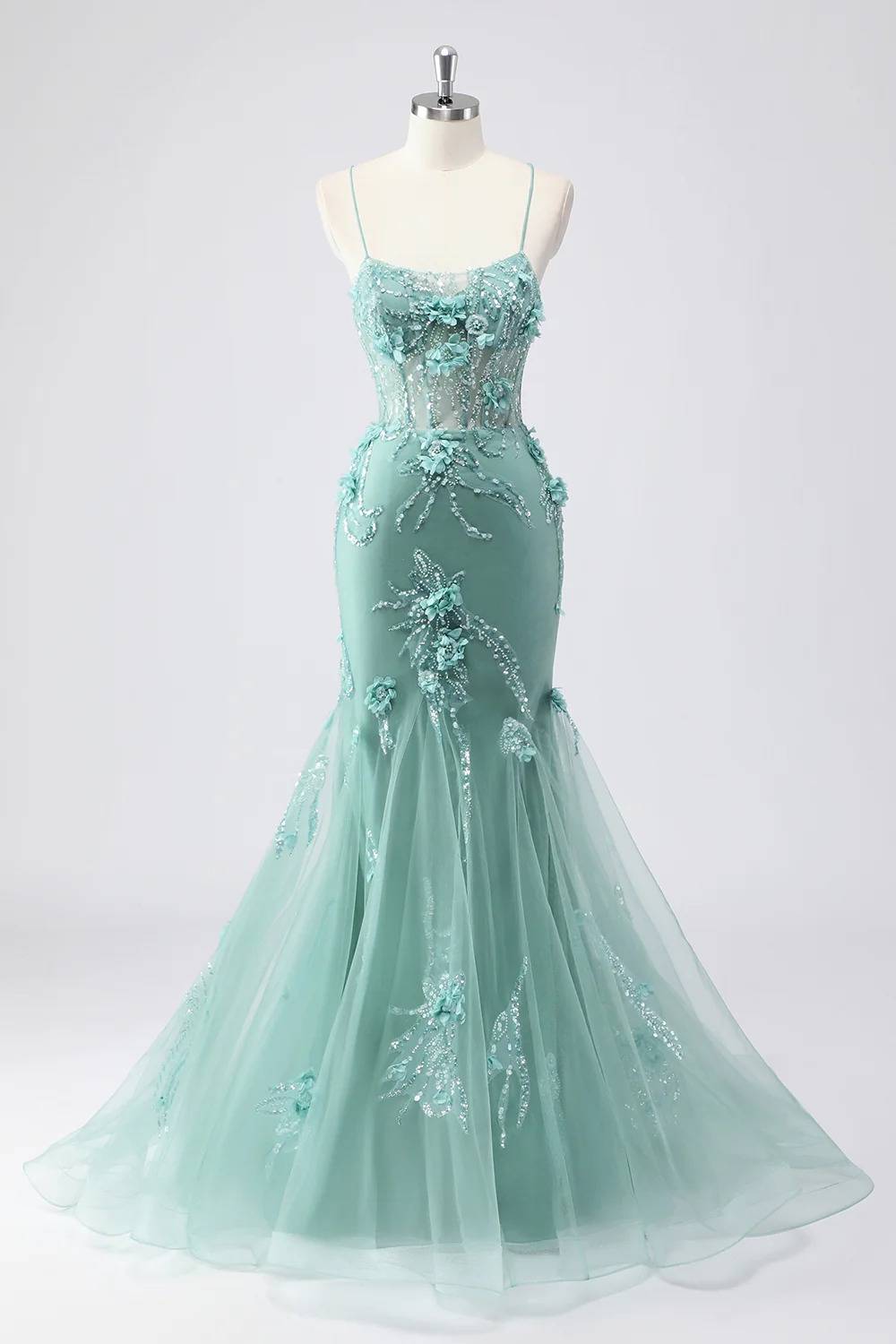 Sparkly Blue Mermaid Long Prom Dress with 3D Flowers - VNBITS