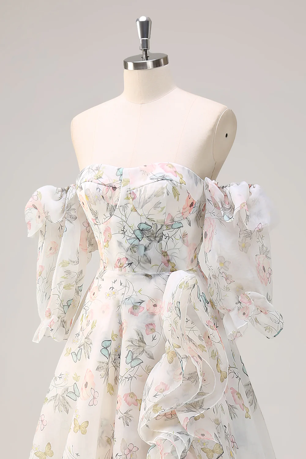 White Floral A-Line Off The Shoulder Ruffles Long Prom Dress with Slit - VNBITS