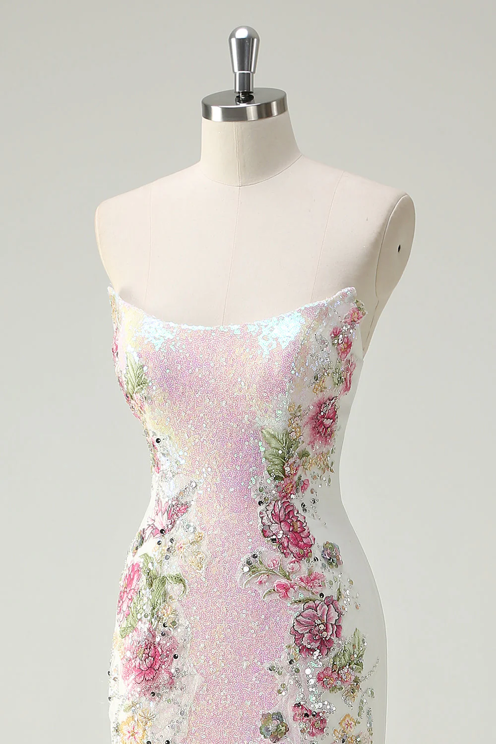 Sparkly White Floral Strapless Mermaid Long Prom Dress - VNBITS