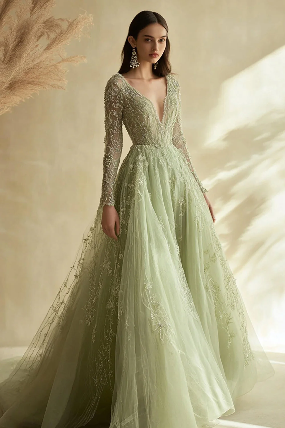 Dusty Sage Lace Applique Tulle V Neck Prom Dress with Long Sleeves - VNBITS