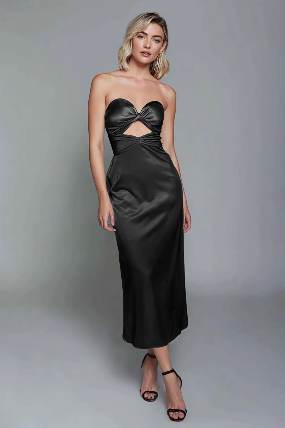 Dusty Blue Sweetheart Sheath Cut Out Satin Ankle Length Formal Dress - VNBITS