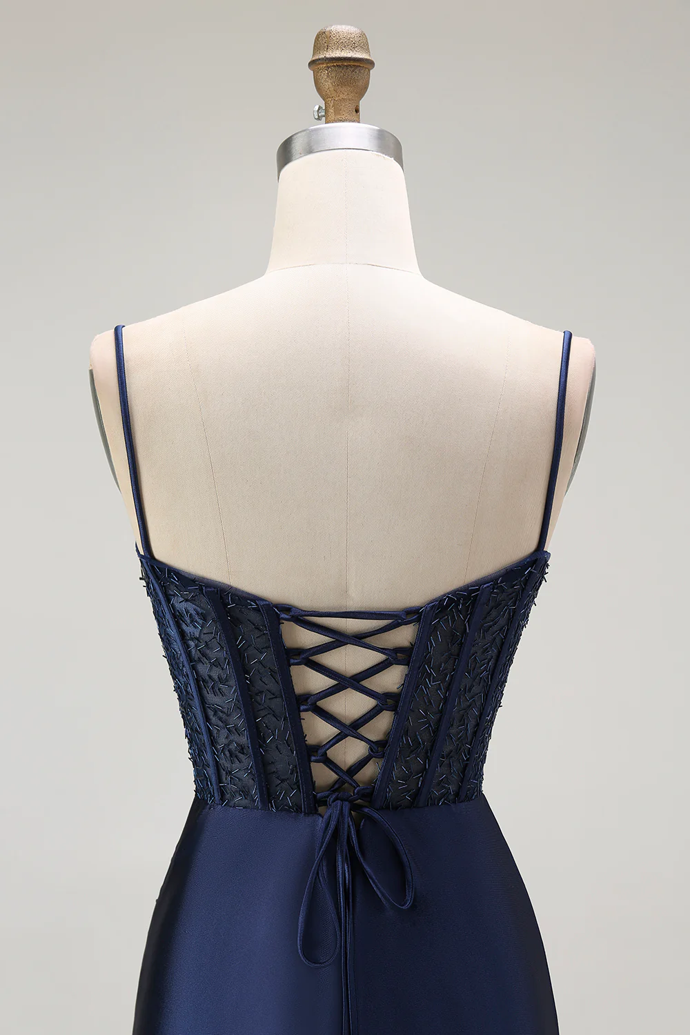 Sparkly Navy Satin Mermaid Long Corset Prom Dress with Beading - VNBITS