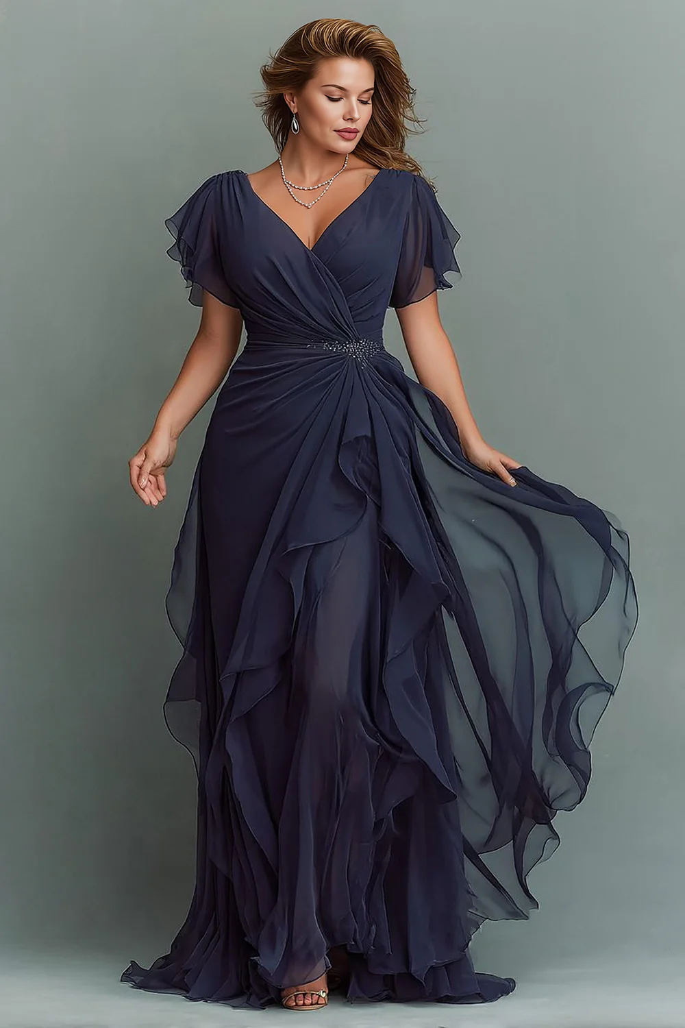 Navy Chiffon V-Neck Ruched Long  with Ruffles - VNBITS