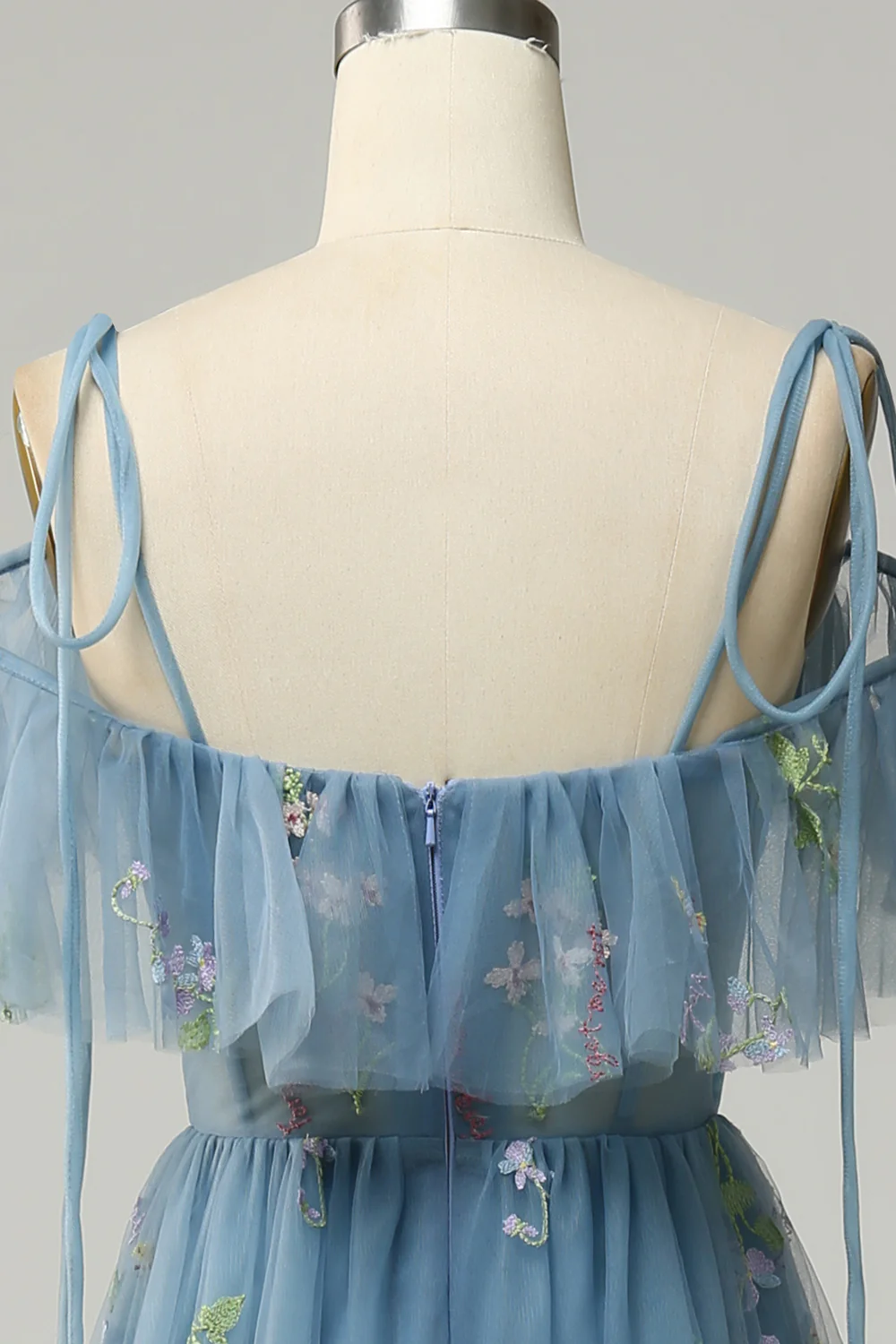 A-Line V-Neck Spaghetti Straps Embroidery Grey Blue Slit Prom Dress - VNBITS