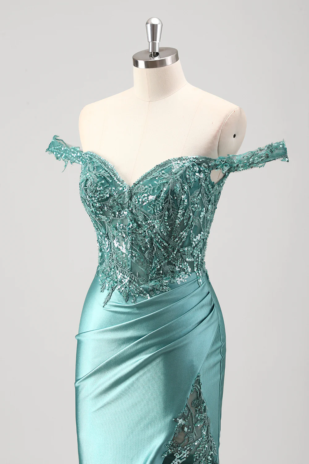 Grey Green Mermaid Applique Off The Shoulder Long Prom Dress with Slit - VNBITS