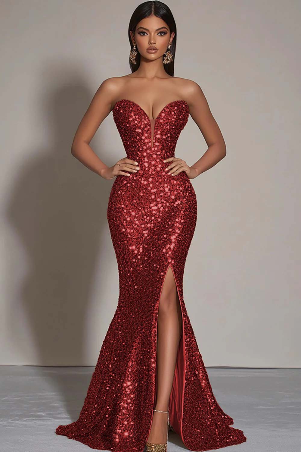 Sparkly Gold Mermaid Long Sequins Formal Dress with Slit - VNBITS