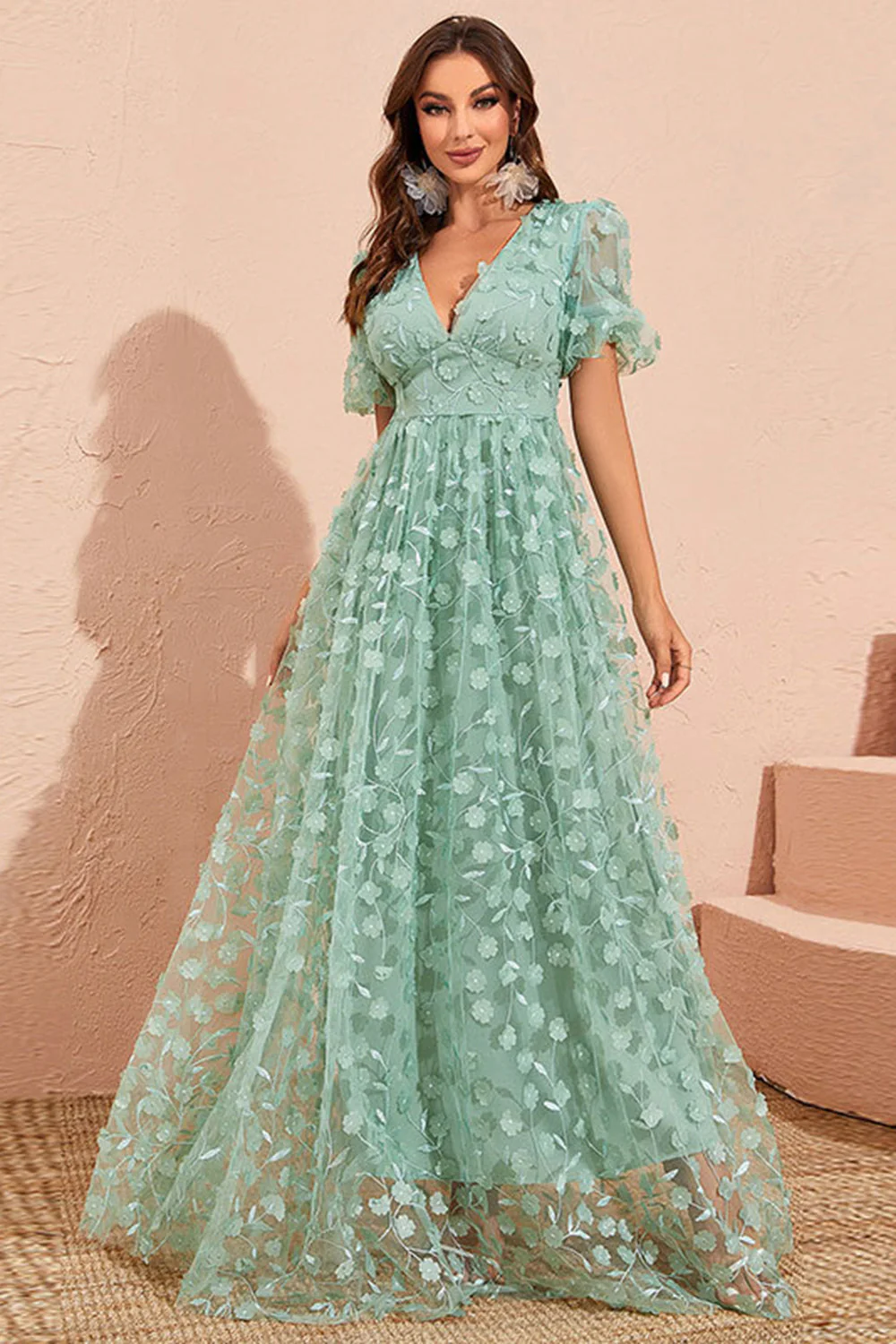 Green A Line Puff Sleeves Prom Dress with Appliques - VNBITS
