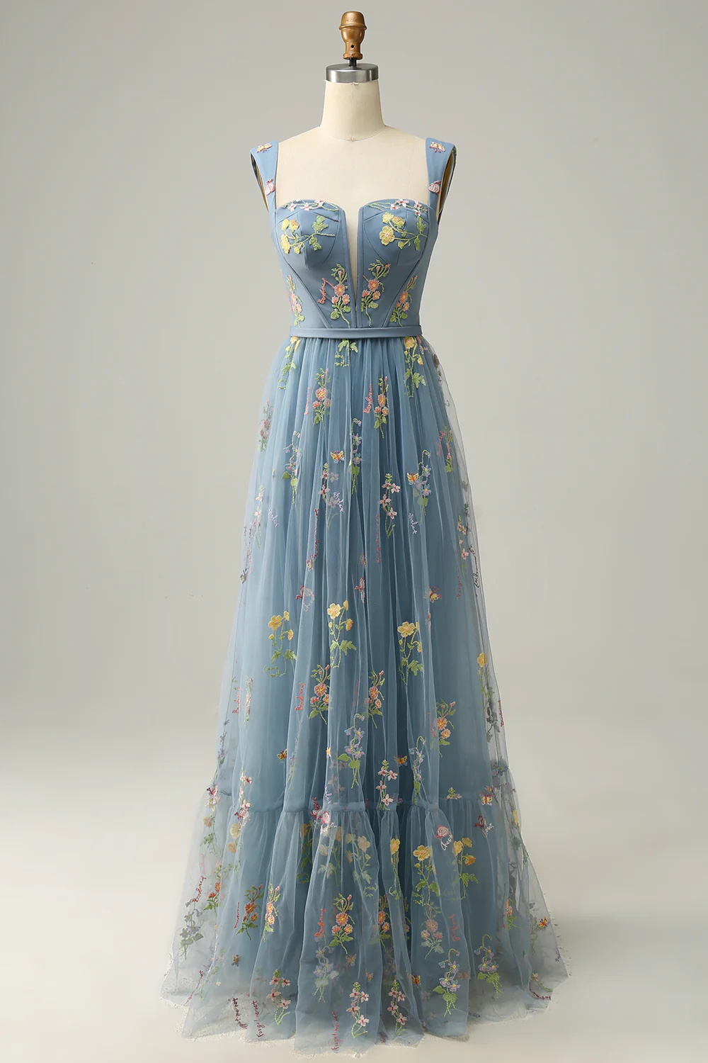 A Line Champagne Tulle Floral Prom Dress - VNBITS