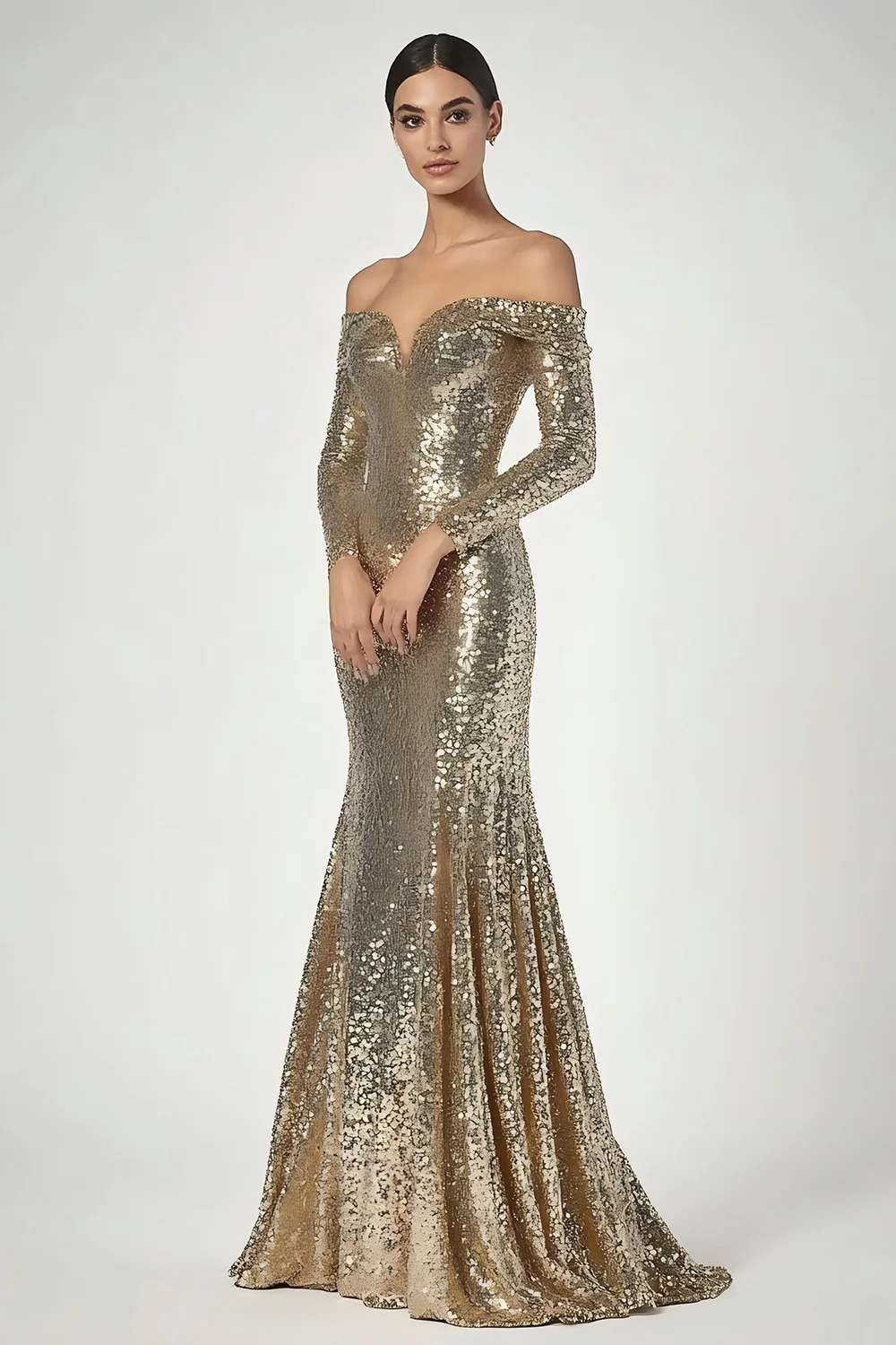 Golden Column One Shoulder Sequin Long Formal Dress - VNBITS