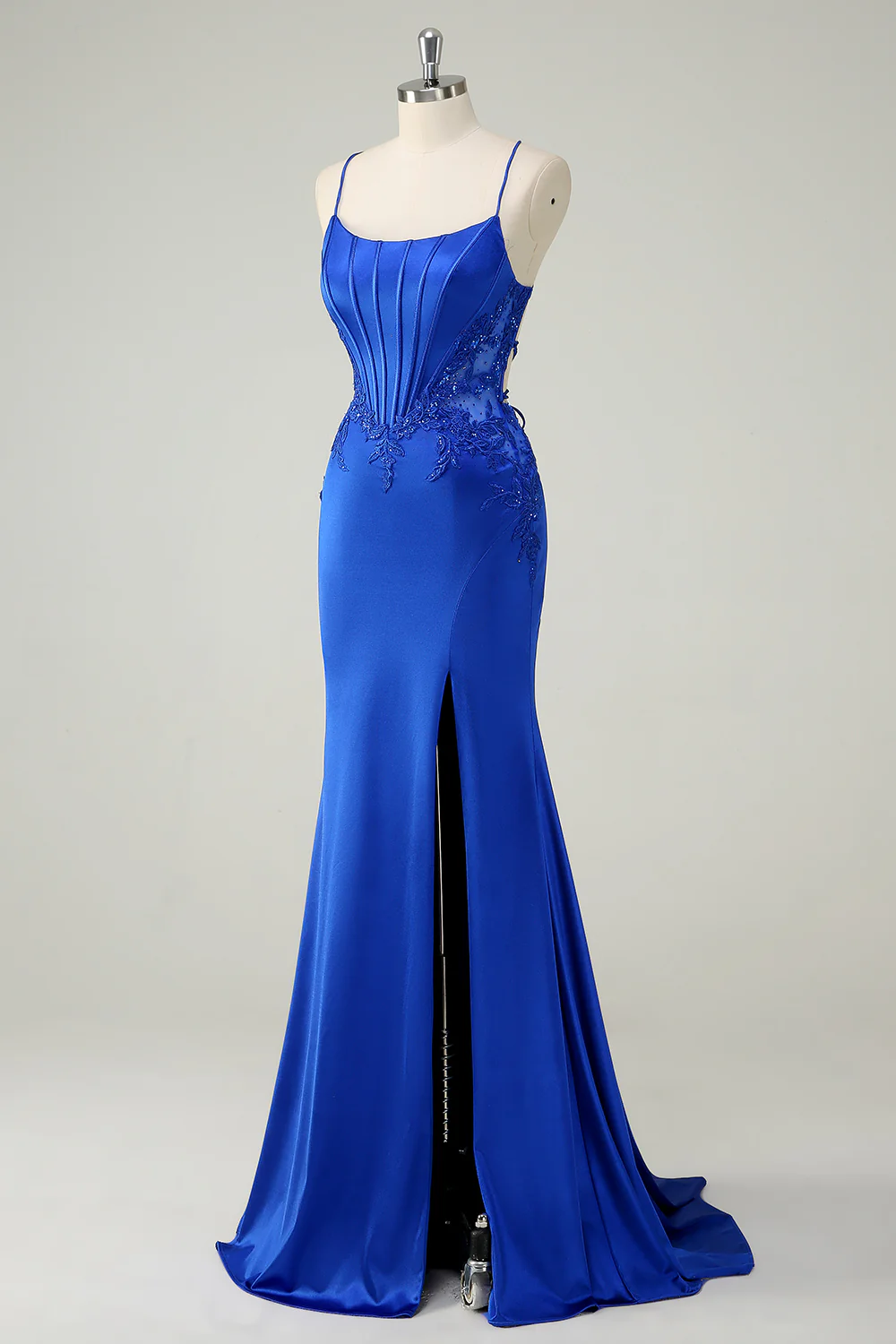 Royal Blue Floral Mermaid Spaghetti Straps Long Prom Dress with Slit - VNBITS