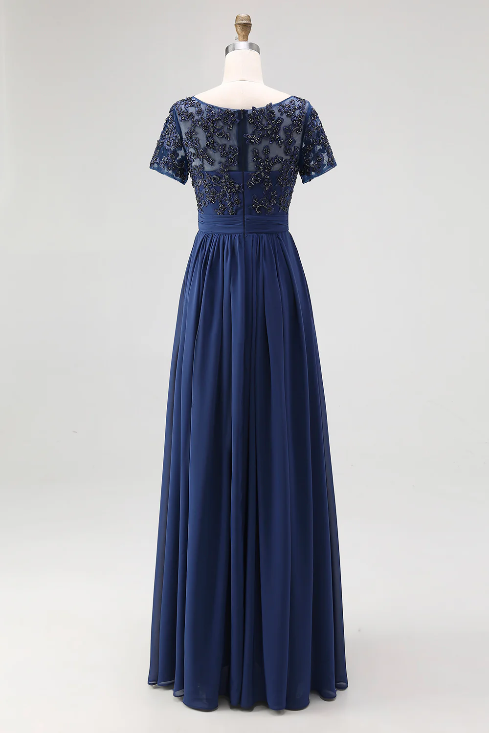 Navy Boat Neck Appliques A-Line Long Mother Of the Bride Dress with Sleeves - VNBITS
