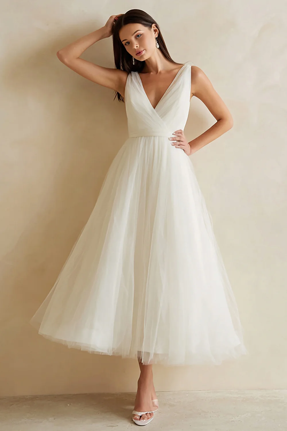 White Tulle A Line V-Neck Ankle Length Rehearsal Dinner Dress - VNBITS