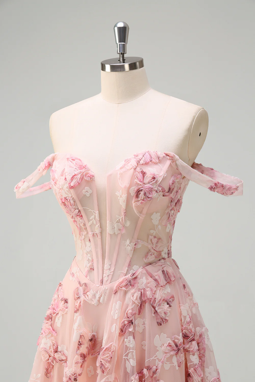Pink Floral A-Line Off The Shoulder Long Prom Dress with Slit - VNBITS
