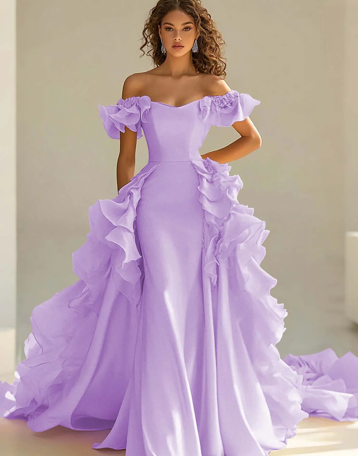 Yellow Satin Long Off the Shoulder Prom Dress with Ruffles - VNBITS