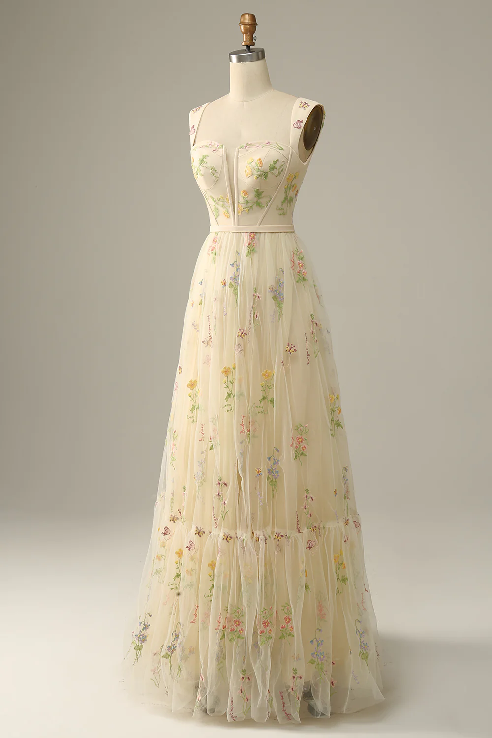 A Line Champagne Tulle Floral Prom Dress - VNBITS