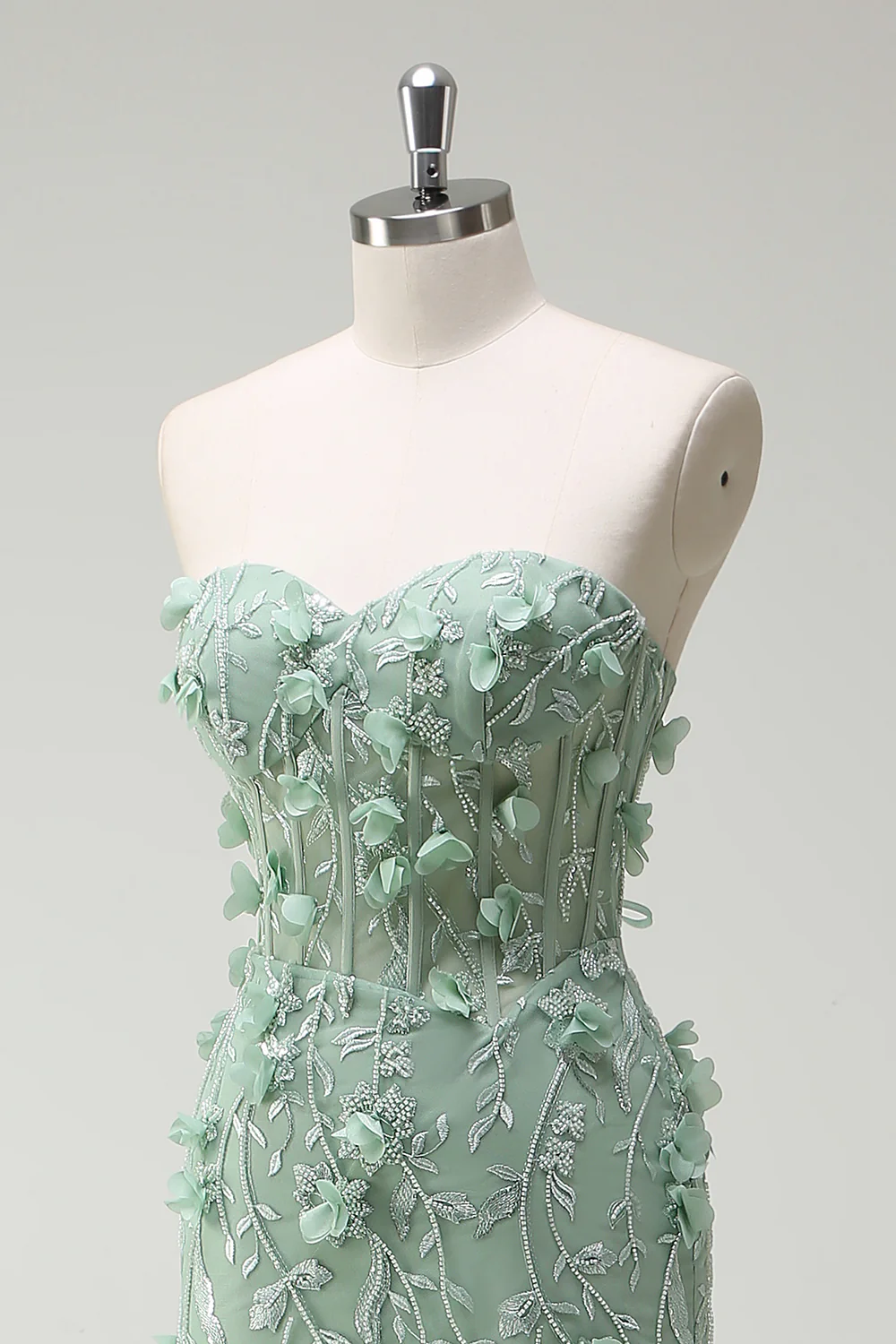 Sage Floral Beaded Mermaid Sweetheart Long Prom Dress with Slit - VNBITS
