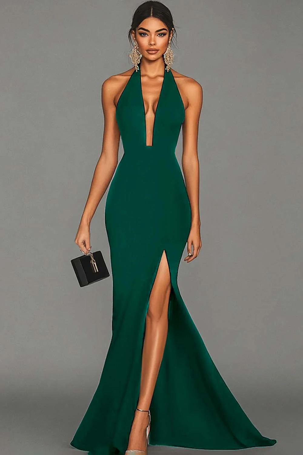 Dark Green Satin Mermaid Deep V-Neck Long Formal Dress with Slit - VNBITS