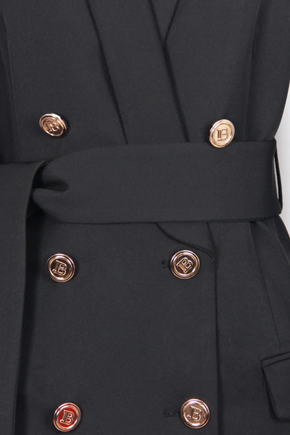 Black Shawl Lapel Double Breasted Long Women Blazer with Belt - VNBITS