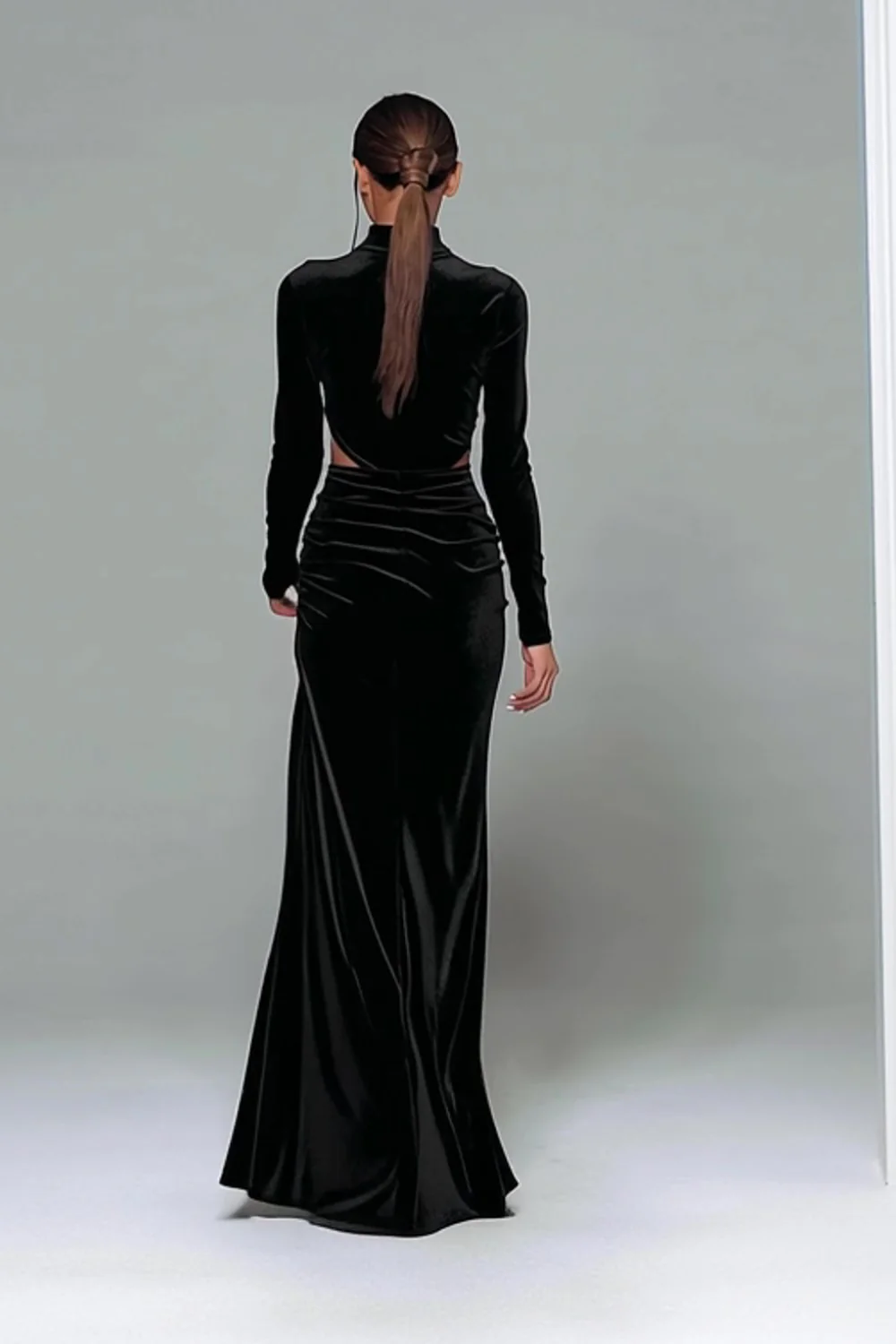 Black Velvet High Neck Sheath Long Sleeves Holiday Party Dress with Slit - VNBITS