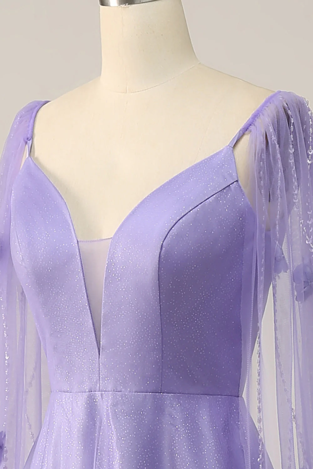Purple Watteau Train Prom Dress With 3D Flowers - VNBITS