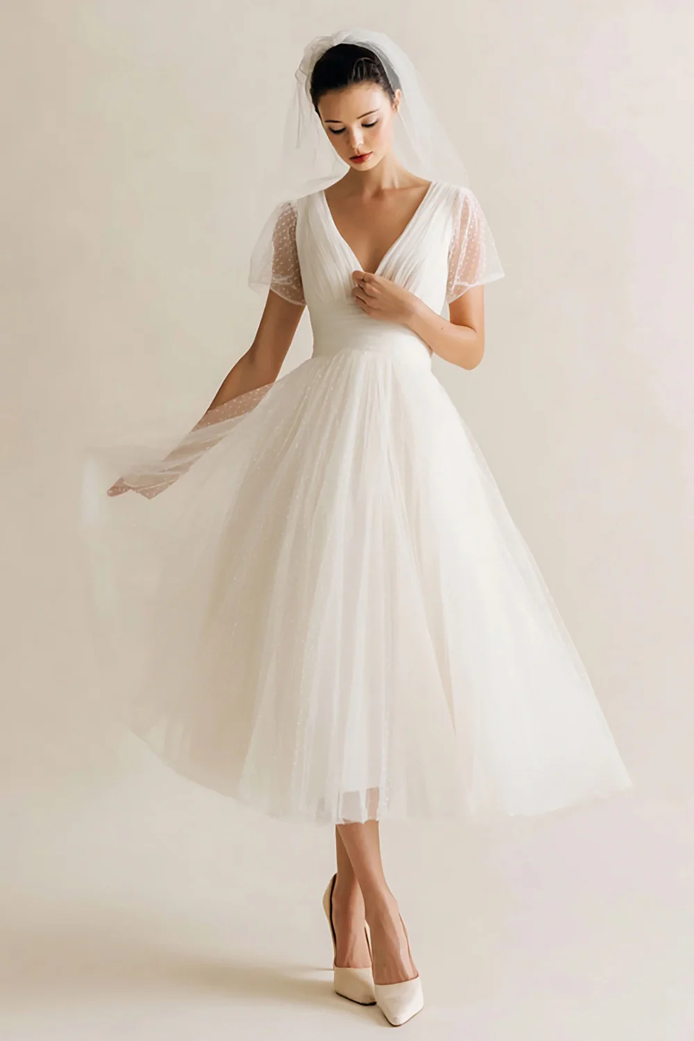 White Tulle V-Neck A Line Dots Midi Wedding Dress - VNBITS