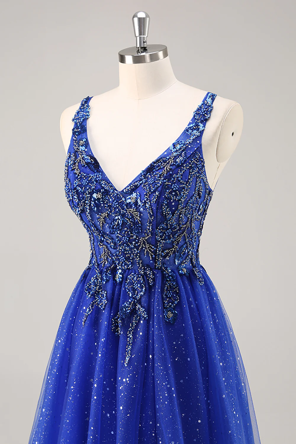 Sparkly Royal Blue Beaded Corset V-Neck Long Prom Dress with Slit - VNBITS