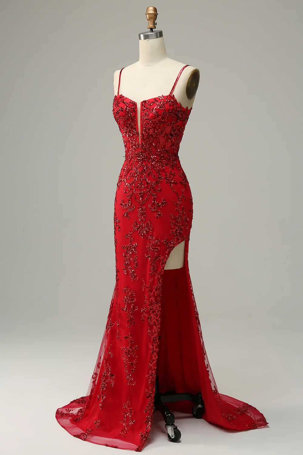 Red Spaghetti Straps Appliques Prom Dress with Slit - VNBITS