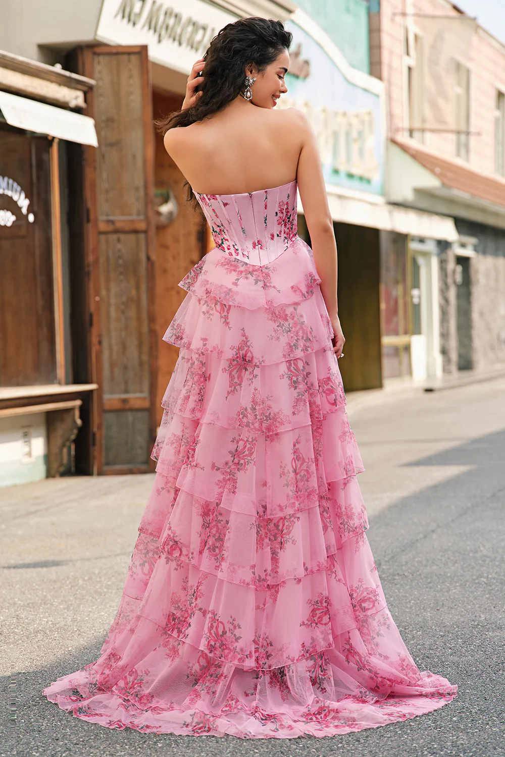 Blush Floral A-Line Tiered Sweetheart Long Prom Dress with Slit - VNBITS