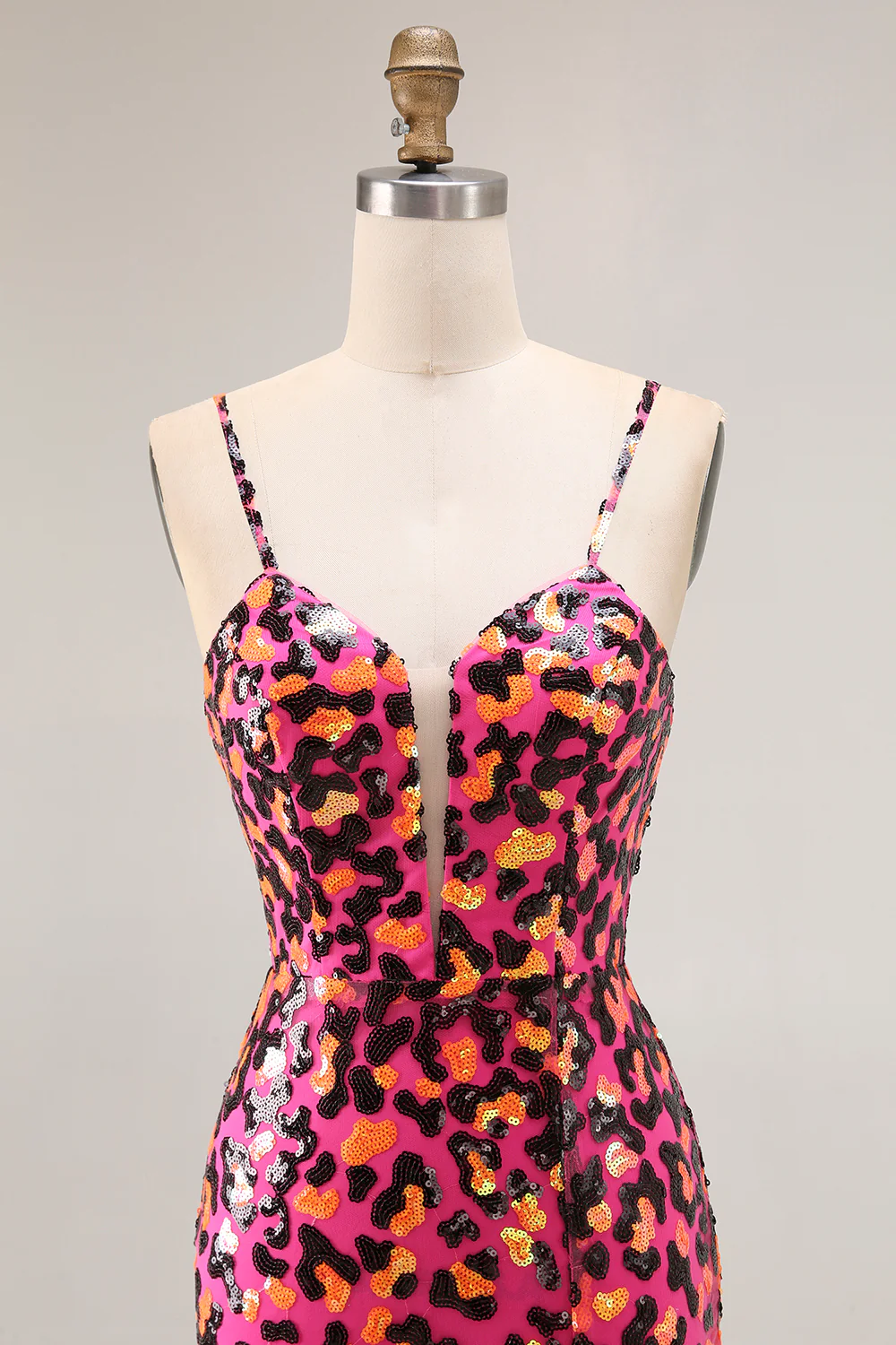 Sparkly Fuchsia Leopard Mermaid Long Prom Dress with Slit - VNBITS