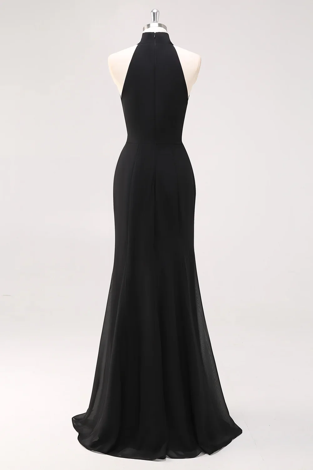 Halter Neck Black Ruffled Mermaid Long Formal Dress with Slit - VNBITS