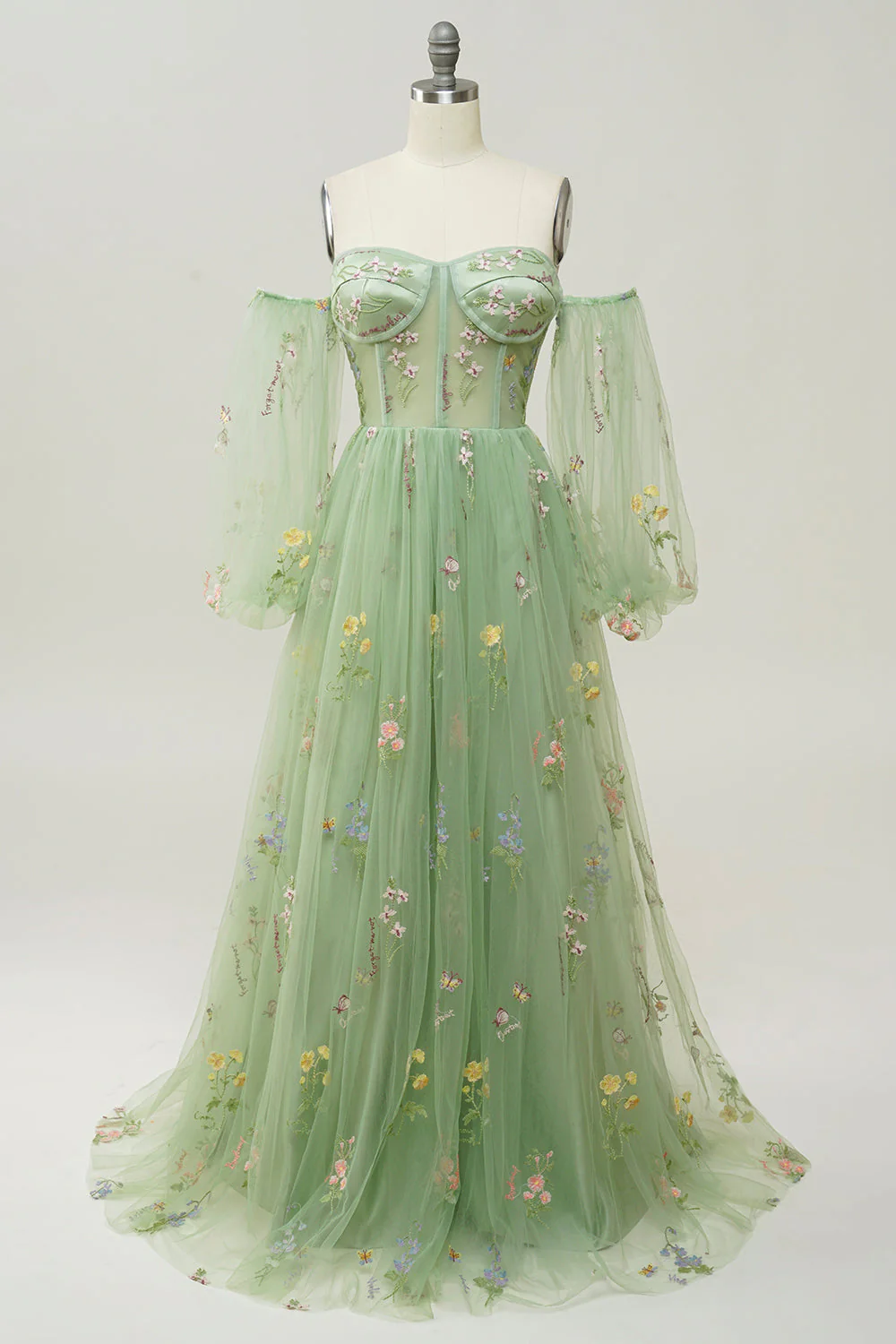 Off The Shoulder Green Long Sleeves A-Line Prom Dress - VNBITS