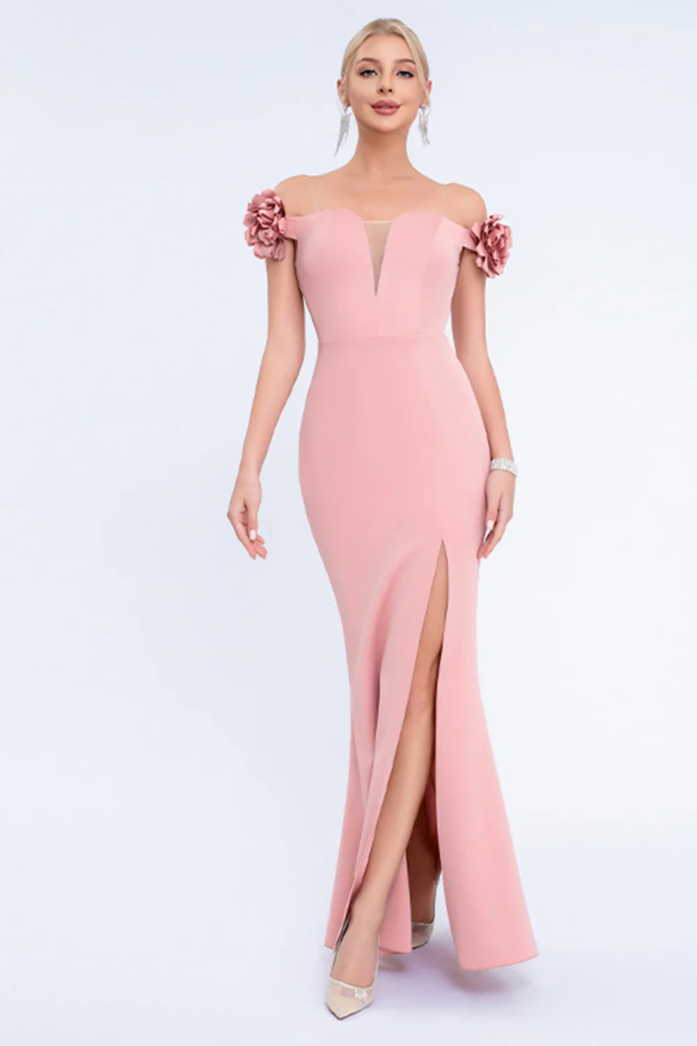 Blush Mermaid Off The Shoulder Long Prom Dress with 3D Flowers - VNBITS
