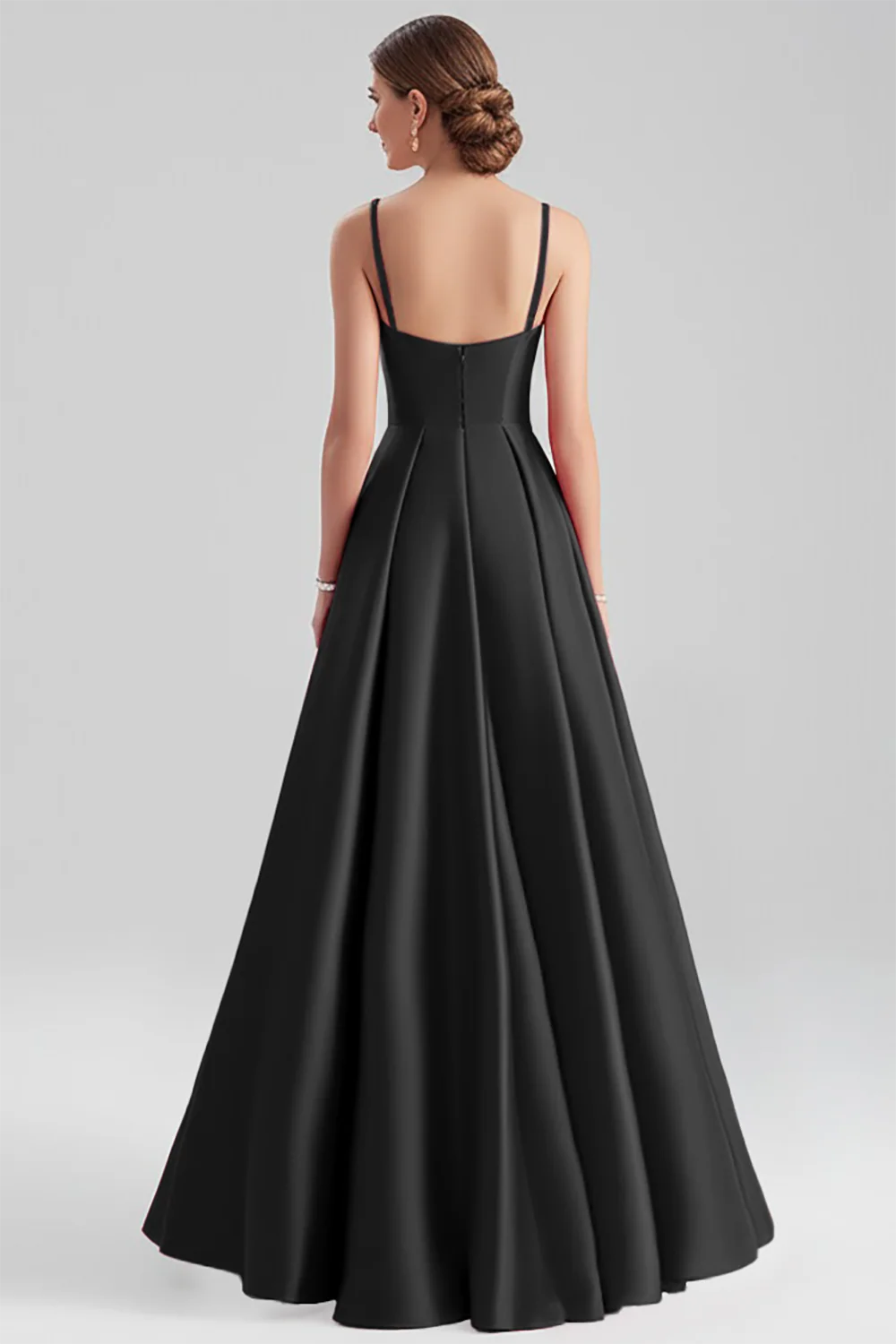 Black Satin A Line Spaghetti Straps Long Formal Dress - VNBITS