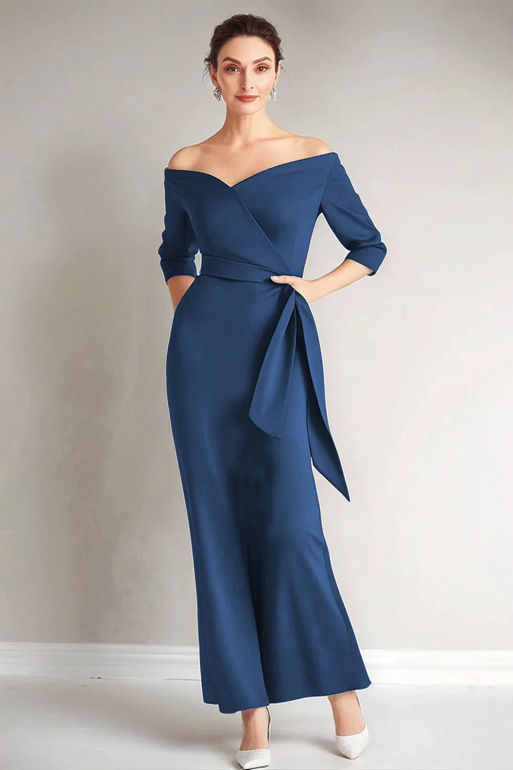 Navy Mermaid Off the Shoulder Long Mother of The Bride Dress - VNBITS