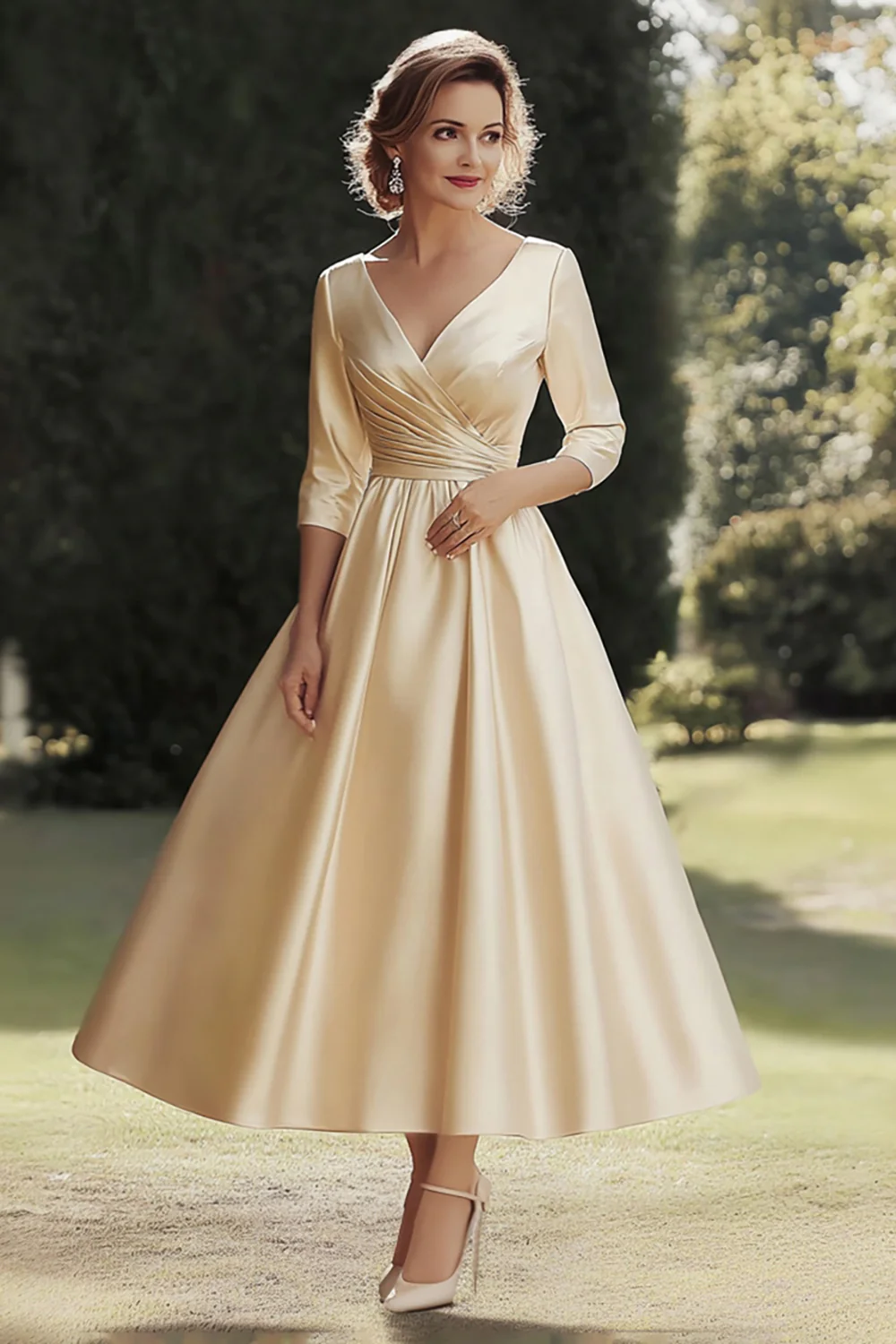 A Line Champagne Half Sleeves Long Mother of the Bride Dress - VNBITS