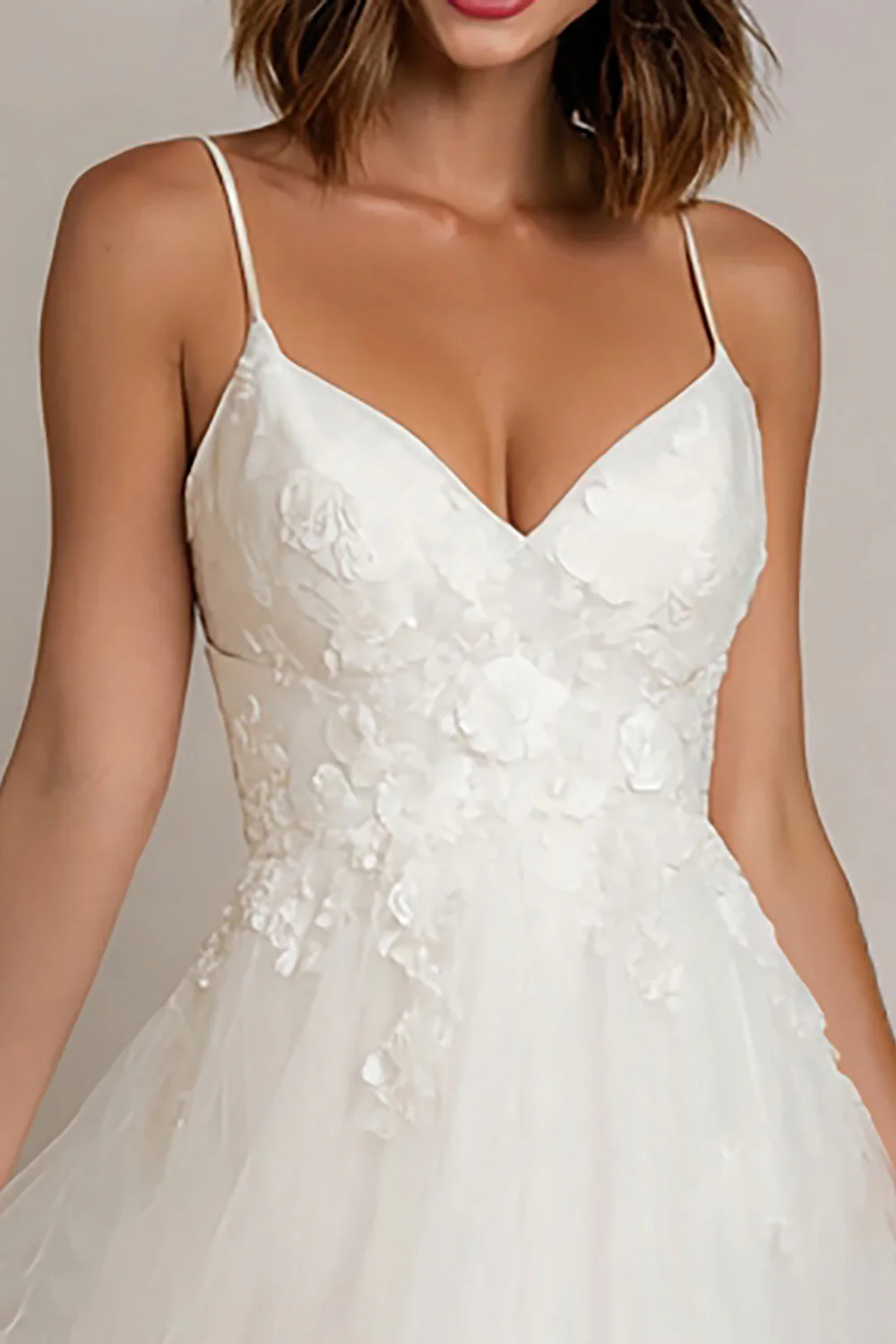 White Spaghetti Straps Tulle Midi Engagement Dress with Lace - VNBITS