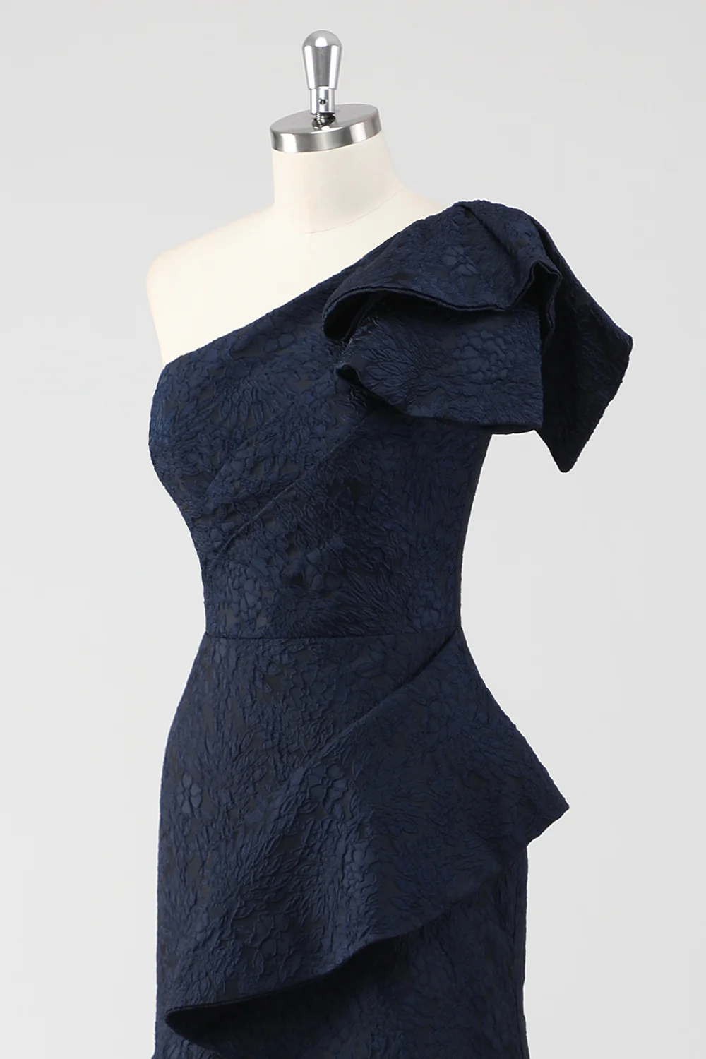 Navy One Shoulder Ruffled Mermaid Formal Dress - VNBITS
