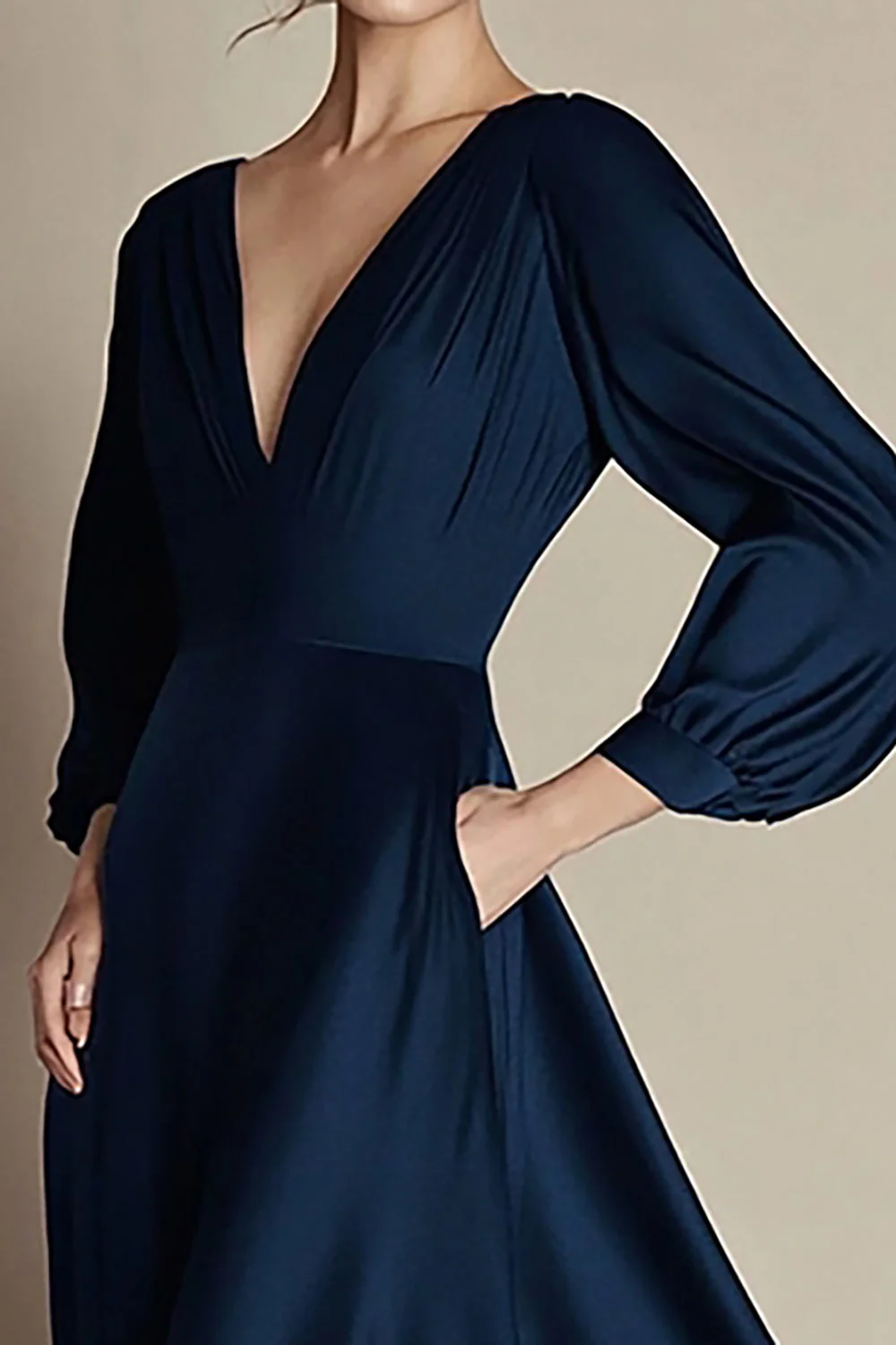 Navy V-Neck A Line Satin Formal Dress with Long Sleeves - VNBITS